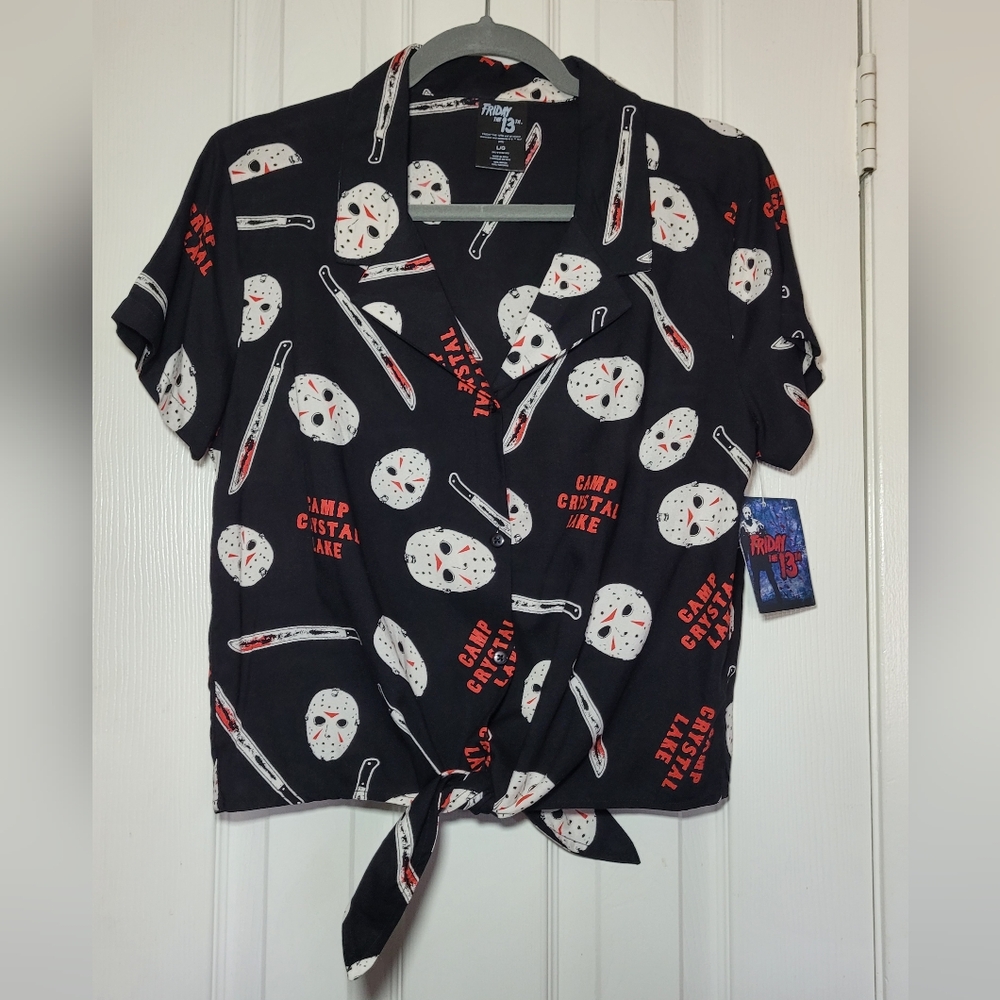 Friday the 13th Camp Crystal Lake Tie-Front Button-up Shirt Machete Horror Large